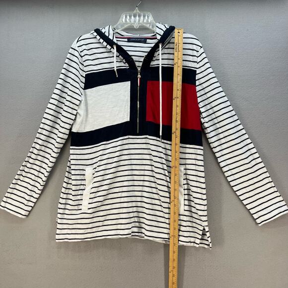 Tommy Hilfiger Women's Half Zip Long Sleeve Hoodie White Blue Stripes Preppy Y2K - Picture 9 of 10